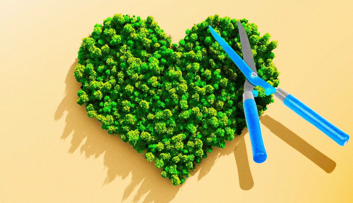 A graphic illustration shows a heart-shaped wreath being shaped by garden shears