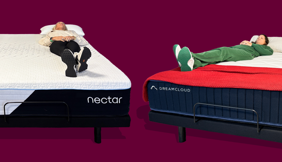 A person lies on a Nectar mattress next to another person lying on a DreamCloud mattress
