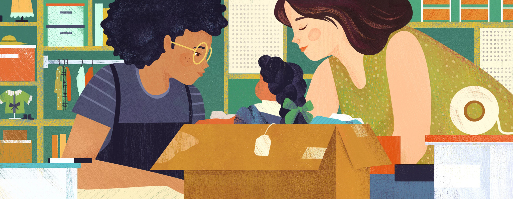 mother and daughter opening box with doll in it