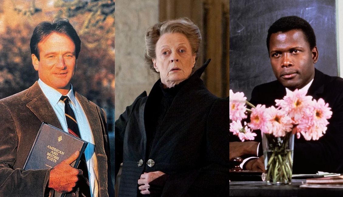 Inspiring movies about teachers Robin Williams holding a poetry book in Dead Poets Society, Maggie Smith in the film Harry Potter and the Deathly Hallows – Part 2 and Sidney Poitier sitting in a classrom in To Sir, With Love