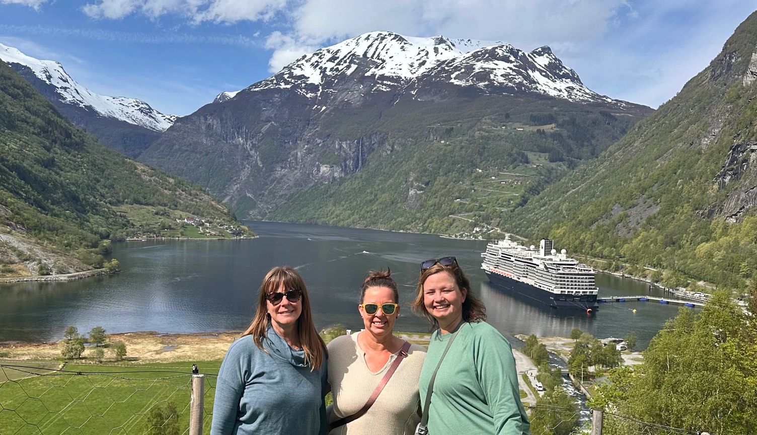 There are many excursions to explore Norway Susan (left), Stephanie and Melissa pose with the ‘Rotterdam' in the background