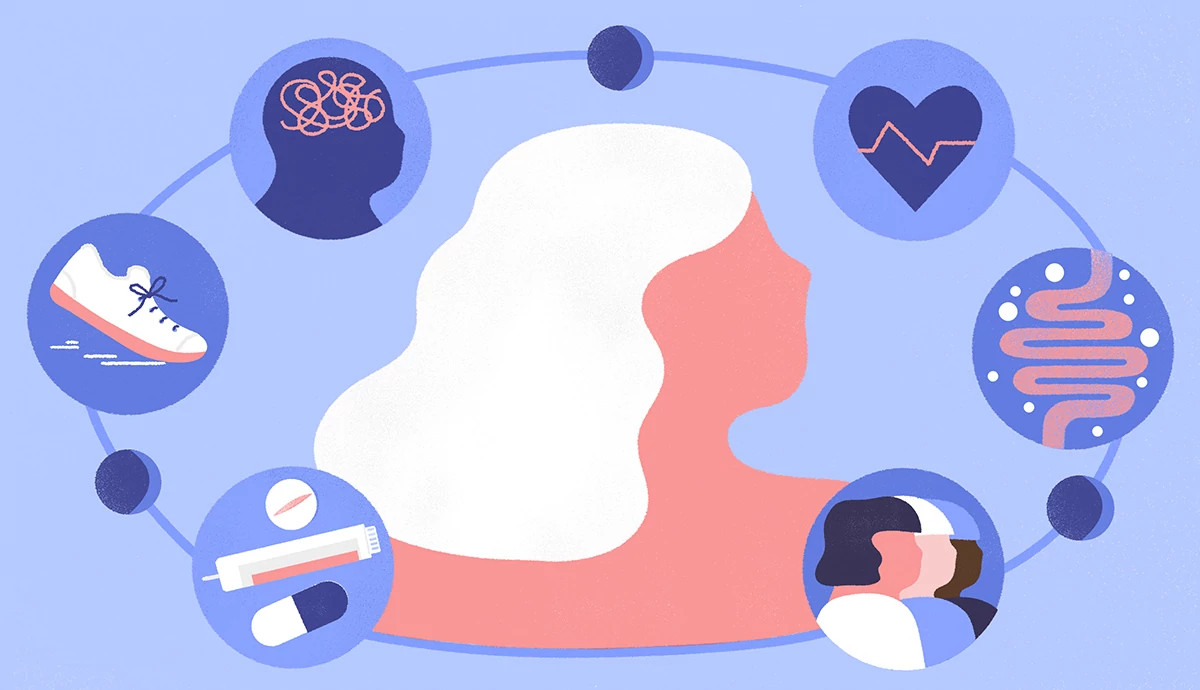 Illustration of a woman surrounded by symbols representing menopause research on brain fog, weight loss, heart health and digestion.