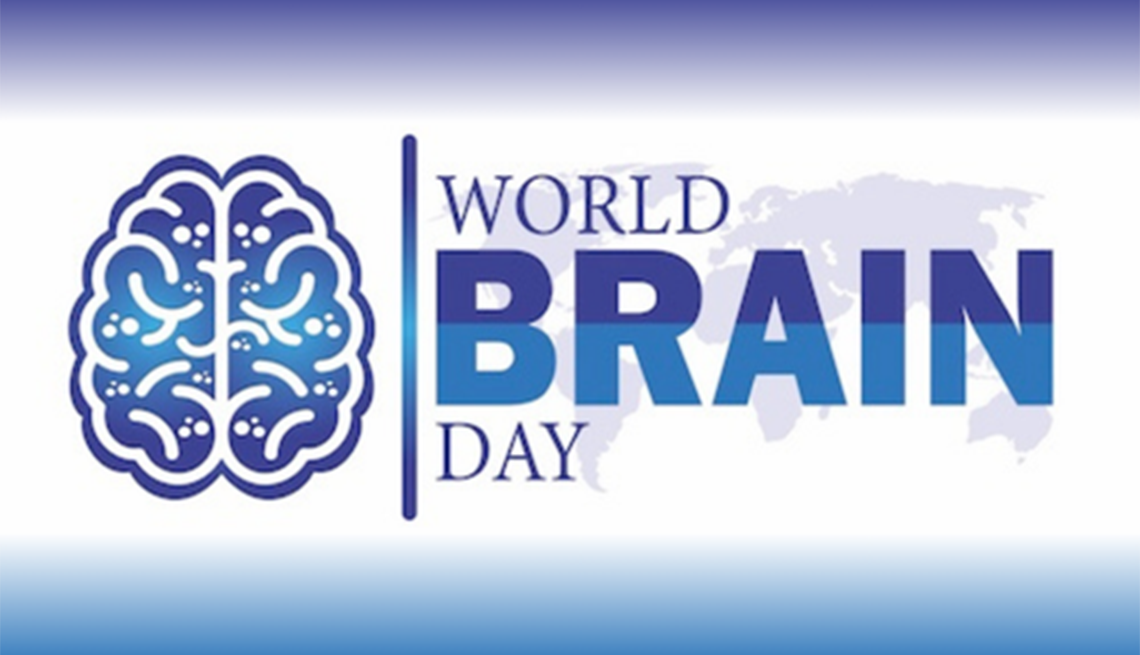 Help raise awareness about brain health on World Brain Day on July 22 An illustration of a brain and the text "WORLD BRAIN DAY" on top of a world map