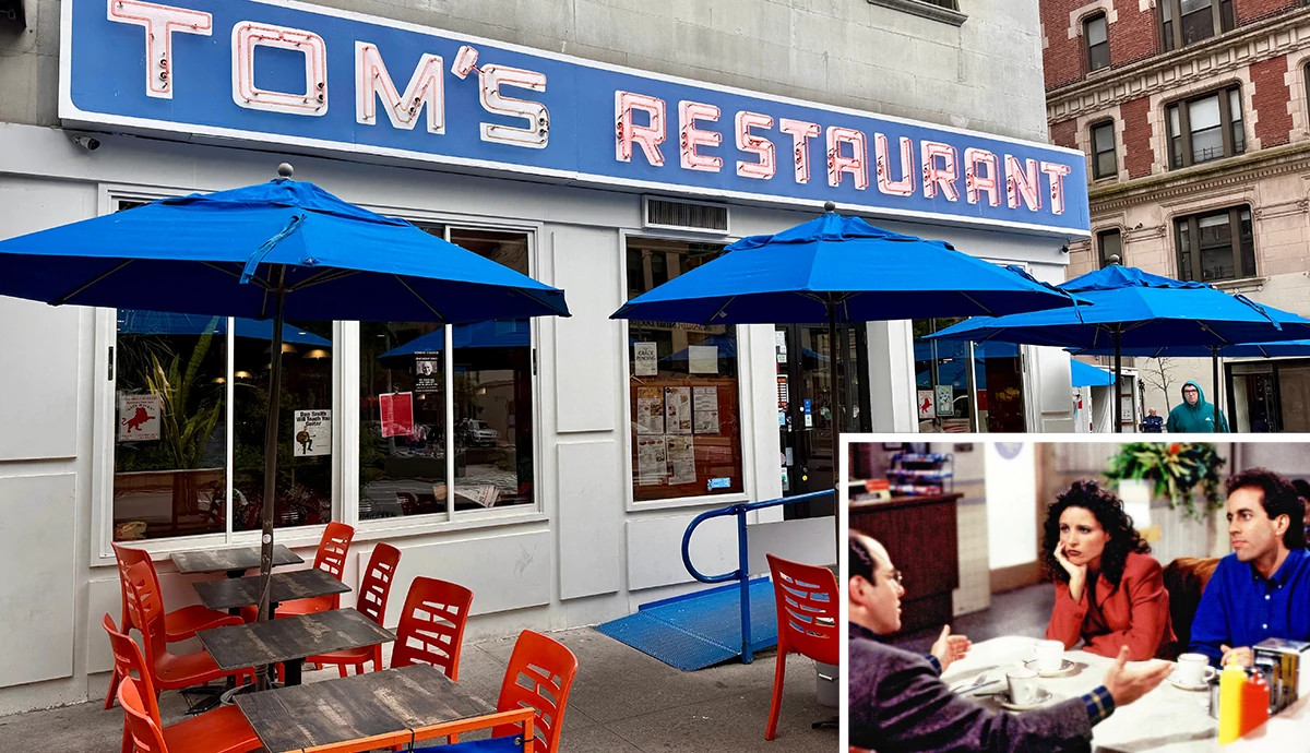 a split image of the exterior of the diner in seinfeld and the stars of the show