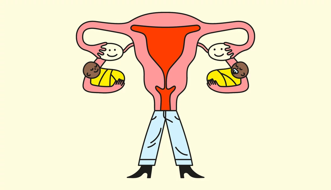 Illustration of ovaries with baby being held by arm under each ovary