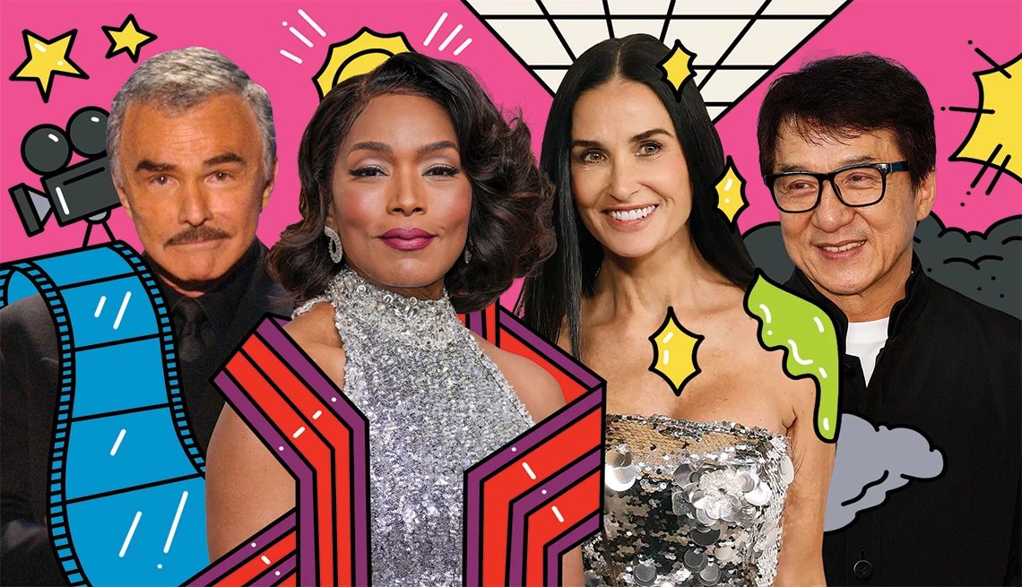 25 Great Movies Starring Actors Over 60 a collage with photos of burt reynolds, angela bassett, demi moore and jackie chan