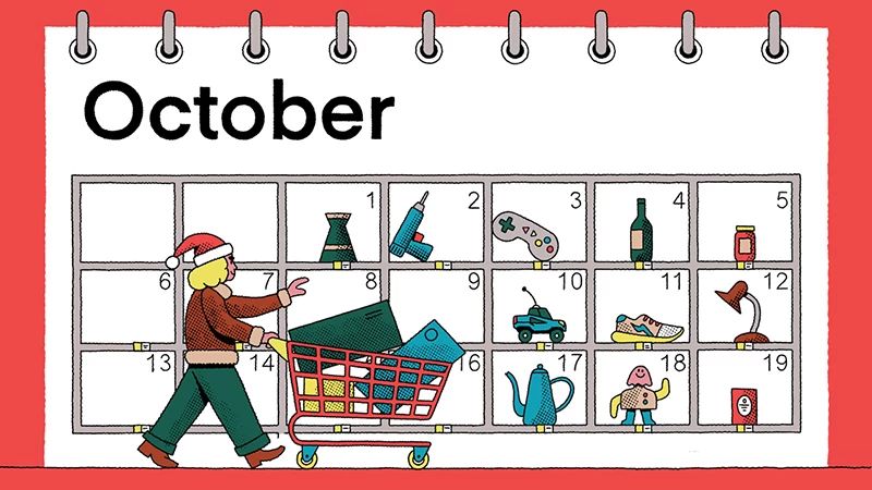 Haz tus compras navideñas en octubre. una persona con ropa navideña pasa un calendario de octubre con un carrito de compras