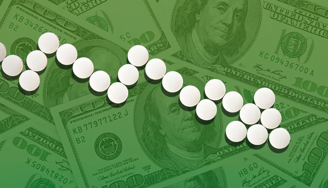 AARP works to lower drug prices white pills lined up on a green background of one hundred dollar bills
