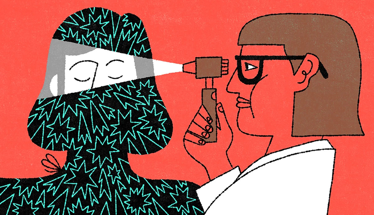 stylized illustration of a health care provider using a medical light to look into the mind of an older adult, whose silhouette is filled with sharp, dark shapes to represent hidden health concerns