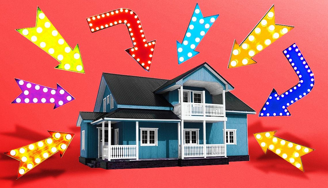 Smart Guide to Curb Appeal a photo illustration shows a blue a-frame home in front of a red background. Eight spot-lighted arrows of various colors are pointed at the house
