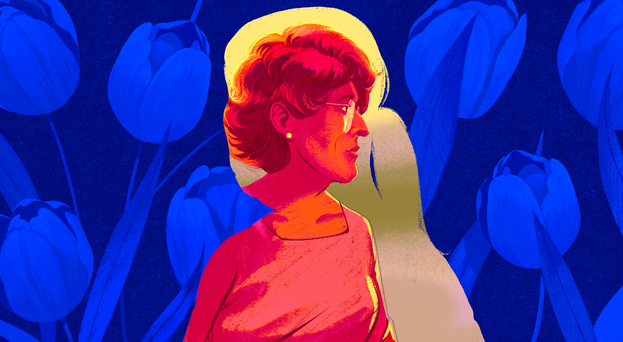 An illustration shows an older adult woman in red silhouette in front of a blue background filled with giant tulips