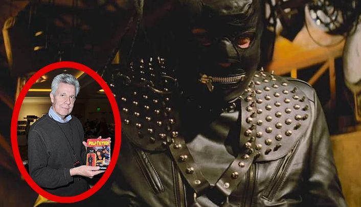 Steve Hibbert as The Gimp in 'Pulp Fiction' a head shot of Steve Hibbert today over top of an image o him 30 years ago in his leather bondage Pulp Fiction costume