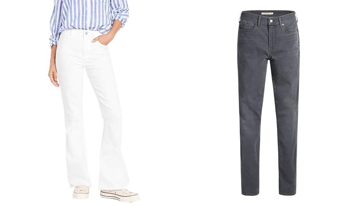 Trade blue jeans for white Old Navy High-Waisted Wow Flare Jeans in Calla Lily White; Levi’s Classic Straight Women’s Jeans in Gray
