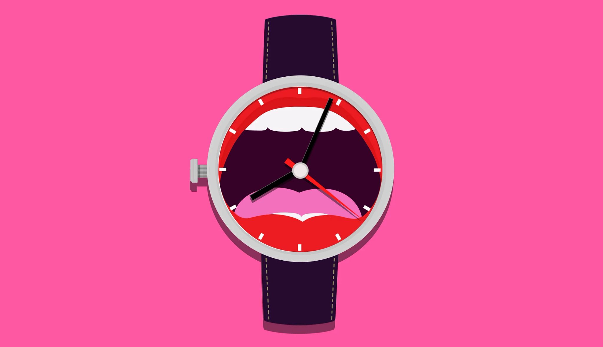 How the ‘Big O’ Changes With Age | Members Only A graphic illustration shows a watch with black and pink hands on a pink background. The face of the watch features an open mouth with teeth and tongue.