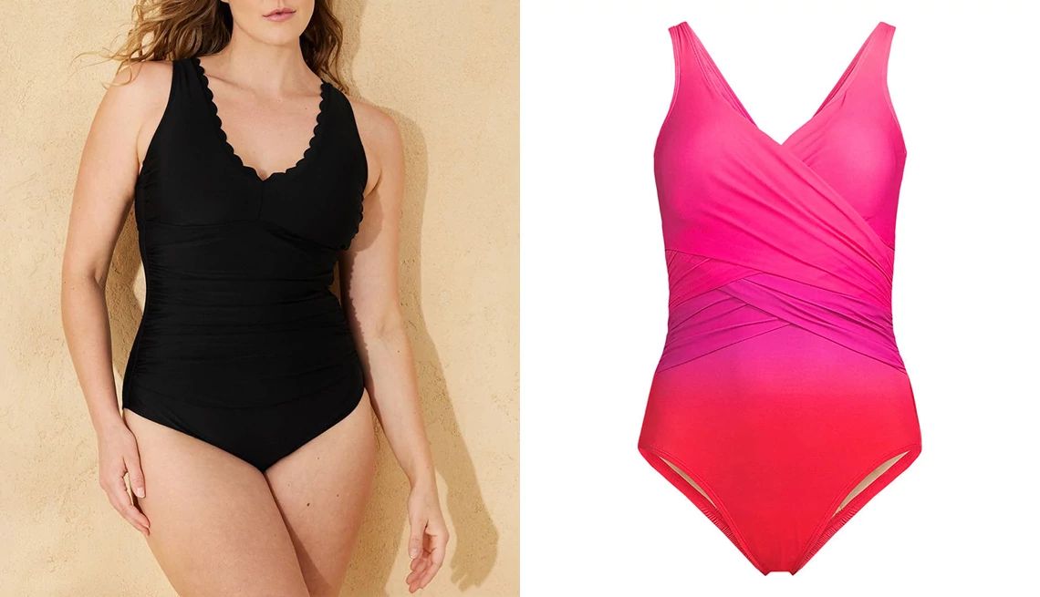 The Worst Swimsuit Mistakes for Women Over 50 one-piece swimsuits in black and pink