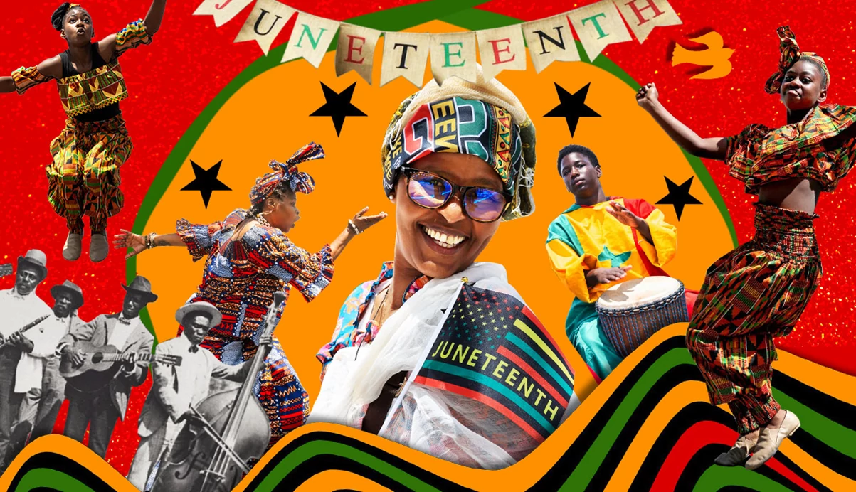 photo collage of people celebrating juneteenth with music and dance performances