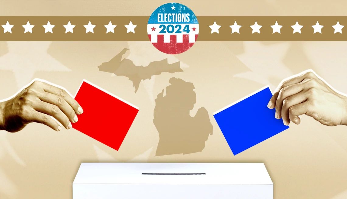 two hands place a red and blue ballot into a ballot box in front of the outline of michigan