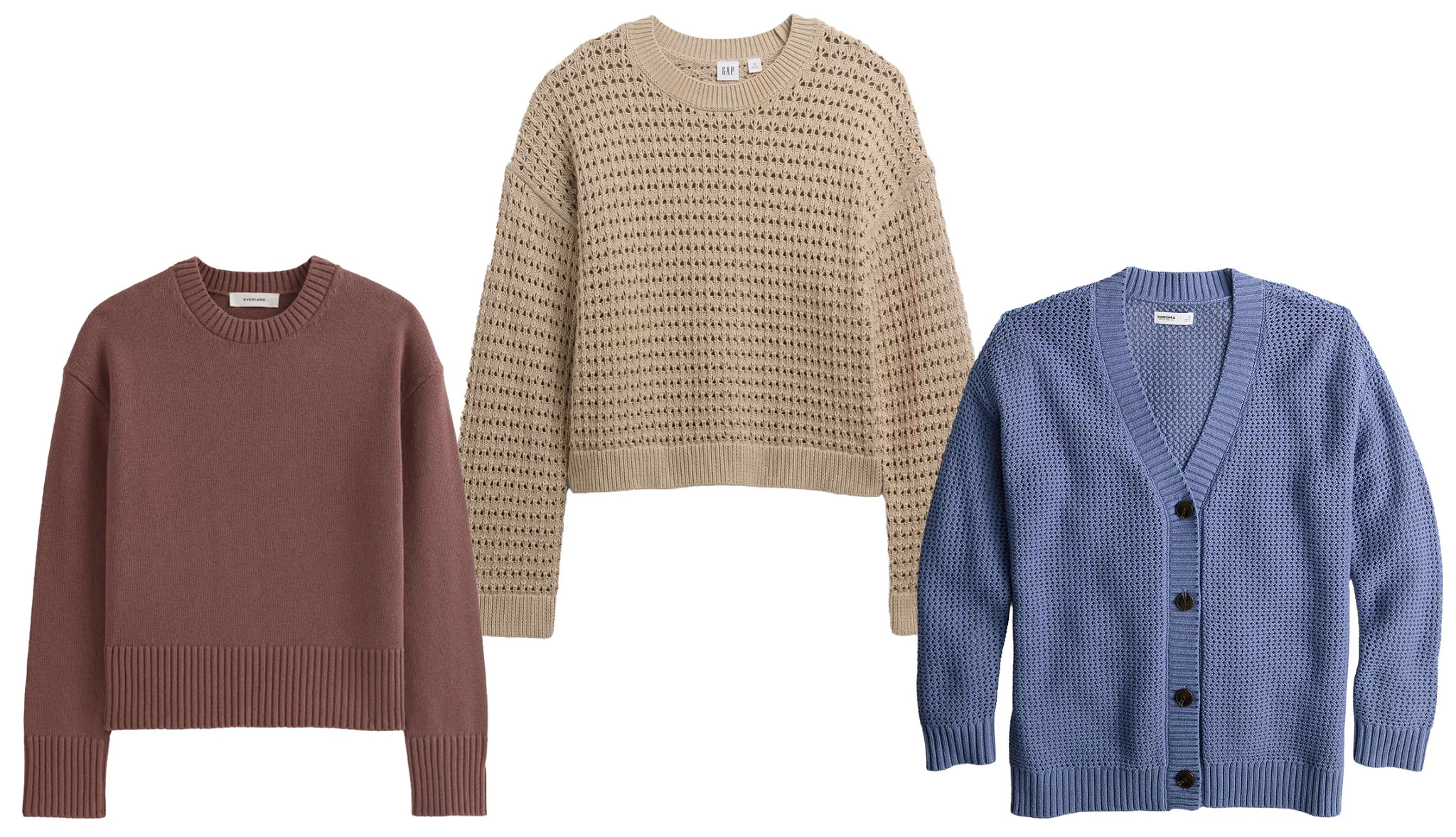 a collage with two styles of pullover knitted sweaters and a light blue cardigan