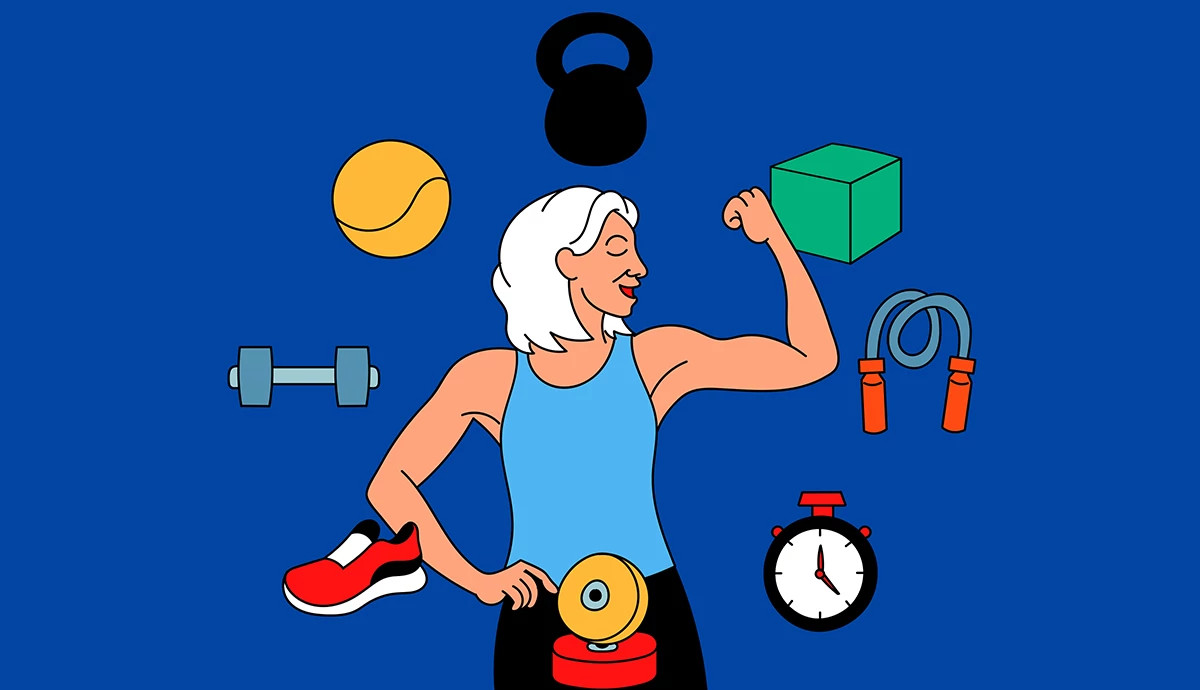 illustration of an older woman with white hair and a light blue tank top, proudly flexing her muscular bicep against a solid blue background. She is surrounded by various fitness-related icons, including a kettlebell, a yellow ball, a green cube, a jump rope, a stopwatch, a dumbbell, and a red running shoe