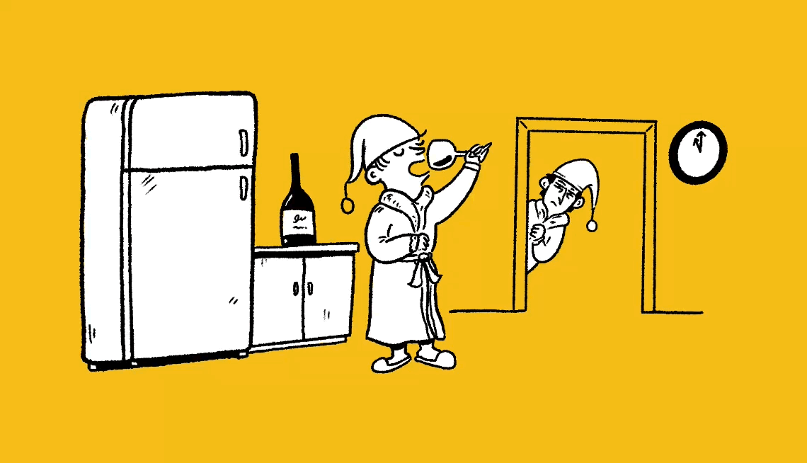 illustrated gif of a someone in a robe drinking a glass of wine while someone else looks on