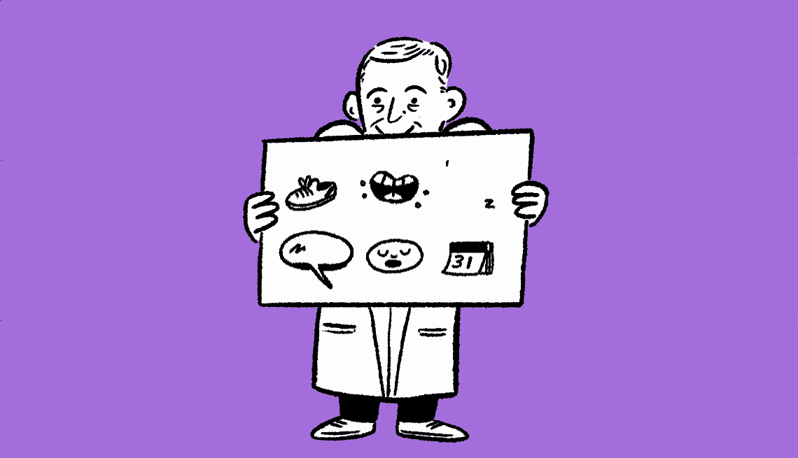 illustrated gif of a doctor holding a poster with sneakers, z's, a mouth, a calendar and a speeach bubble
