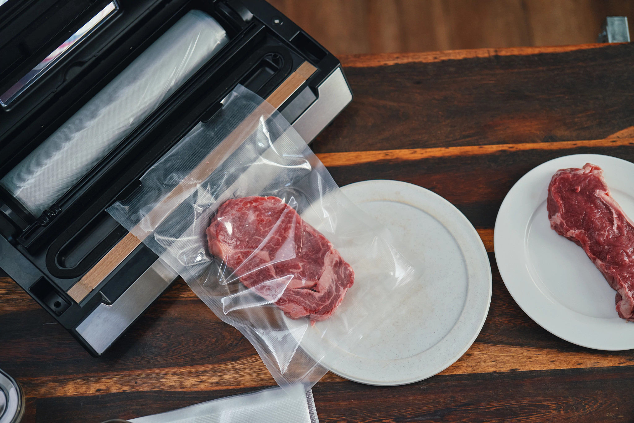 Steak in vacuum-sealed bag