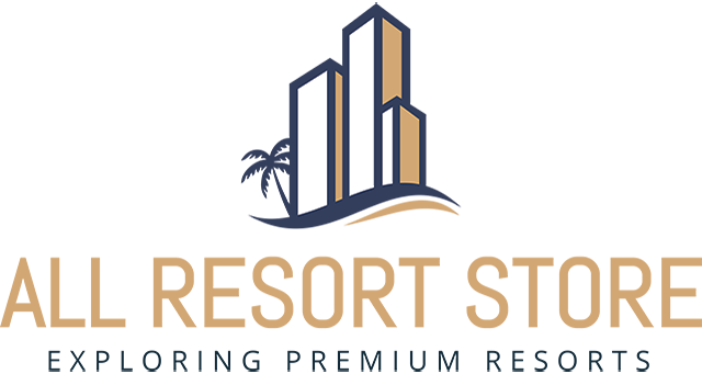 All Resort Store logo of All Resort Store in brown letters with exploring premium resorts underneath it and over it is a graphic of three high rise hotels and a palm tree