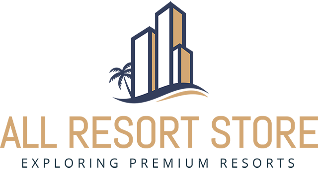 logo of All Resort Store in brown letters with exploring premium resorts underneath it and over it is a graphic of three high rise hotels and a palm tree