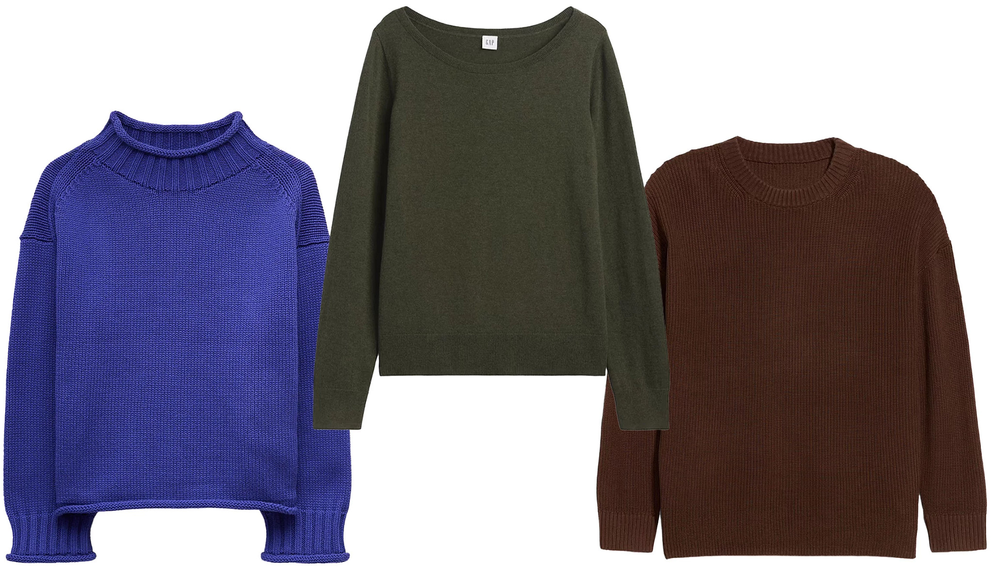 a collage with three different styles of relaxed pullover sweaters