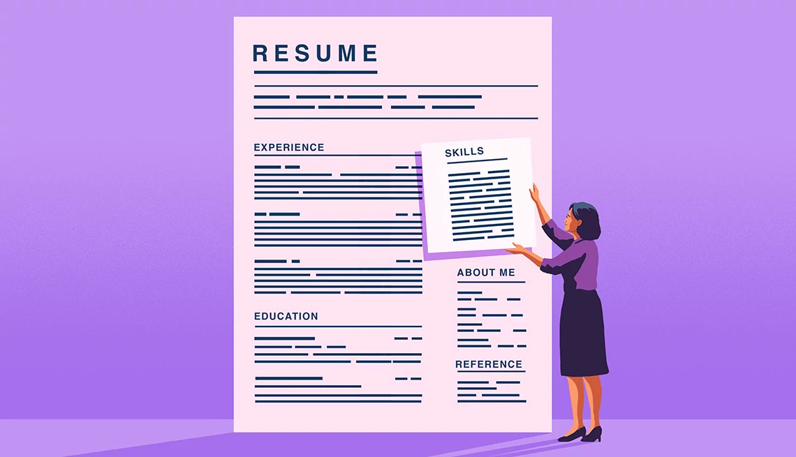 an illustration of a woman putting a skills section on a resume