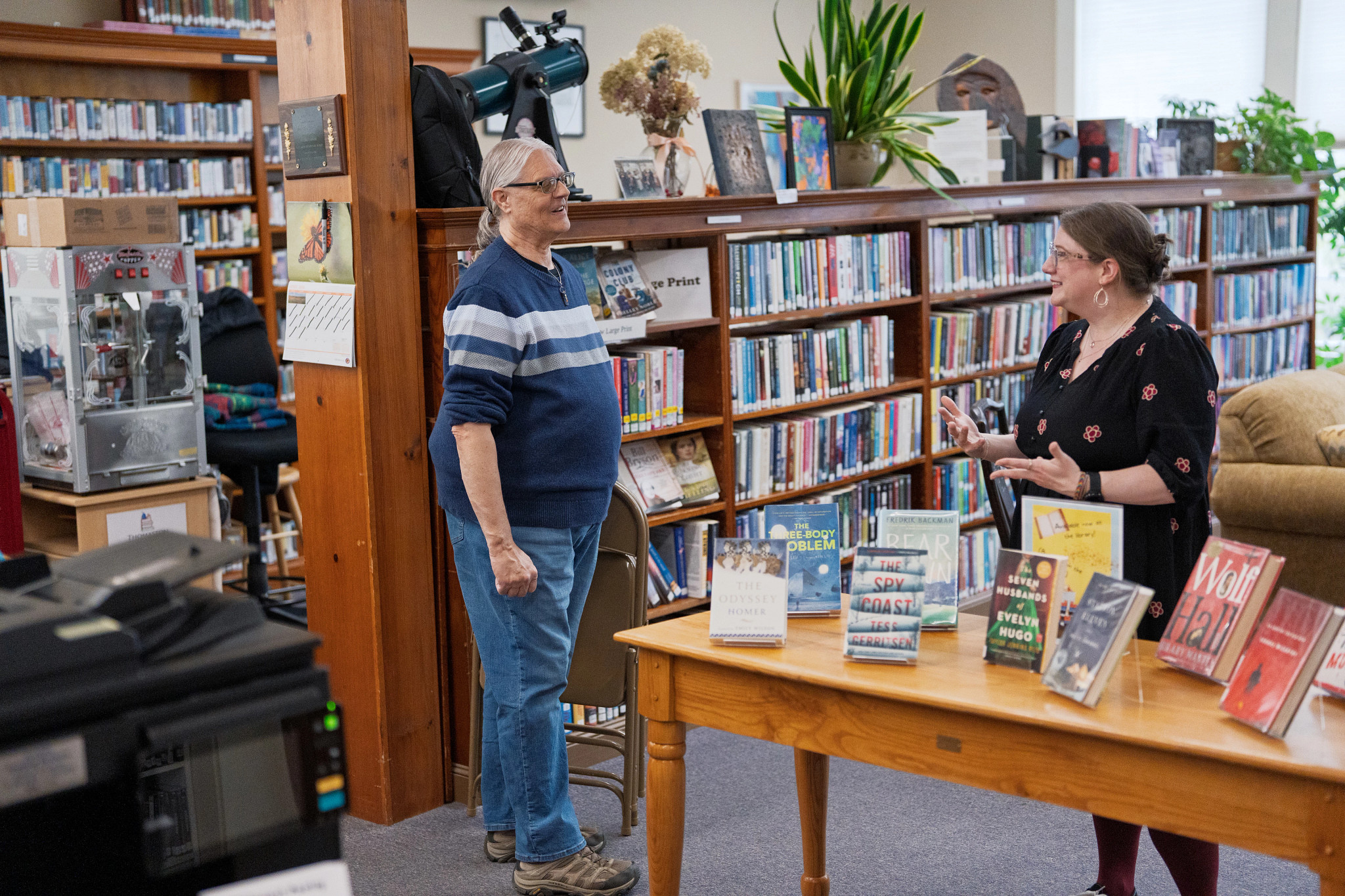 Ward Grafton Jr. (left) works part-time at the Thomaston Public Library in Maine with head librarian Caroline Ward-Nesbit
