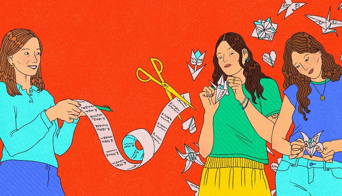 Secrets of Adulthood An illustration shows a mother and her daughters in front of a red background. The mother is spooling out paper with writing on it while the daughters make origami from it.