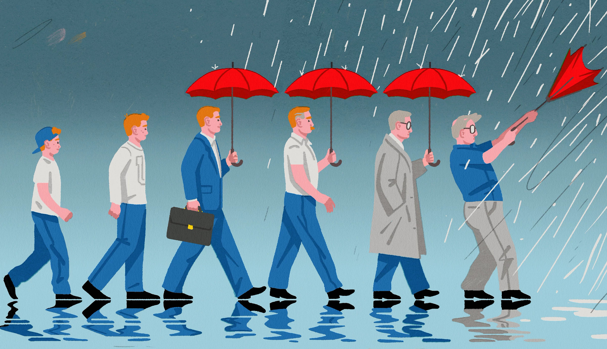 Photos show a boy growing into an old man. As he ages, he holds an umbrella against a growing rainstorm until the last image, where his umbrella gets pulled away.