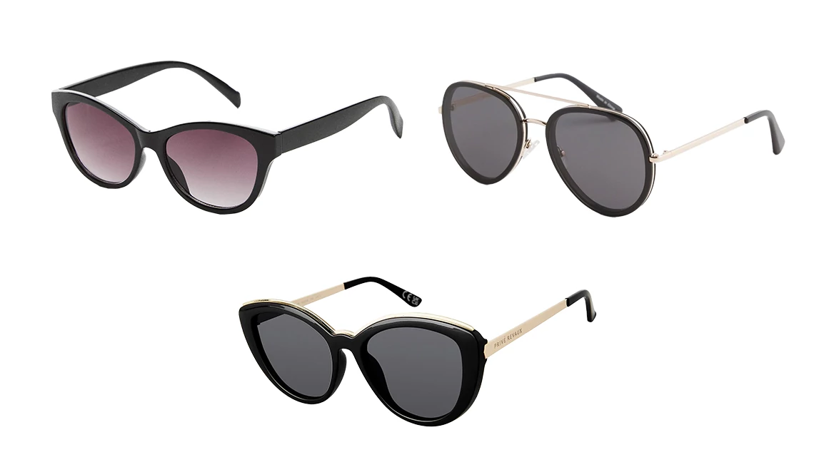 Mango Acetate Frame Sunglasses in Black; Chico’s Aviator Sunglasses in Black; Privé﻿ Revaux ﻿Sunset Place Sunglasses in Black