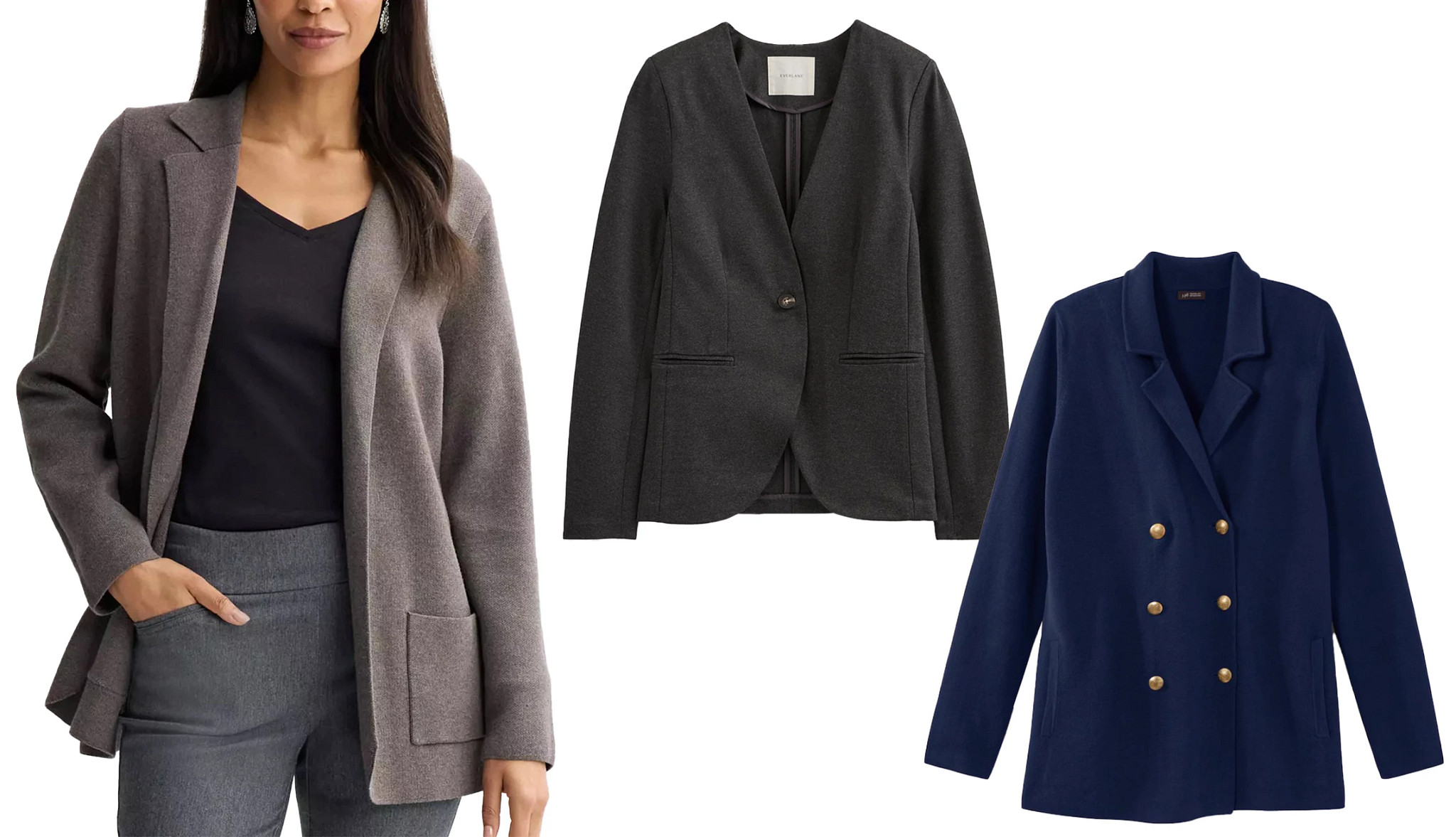 A collage with different womens blazers in dark colors for fall.