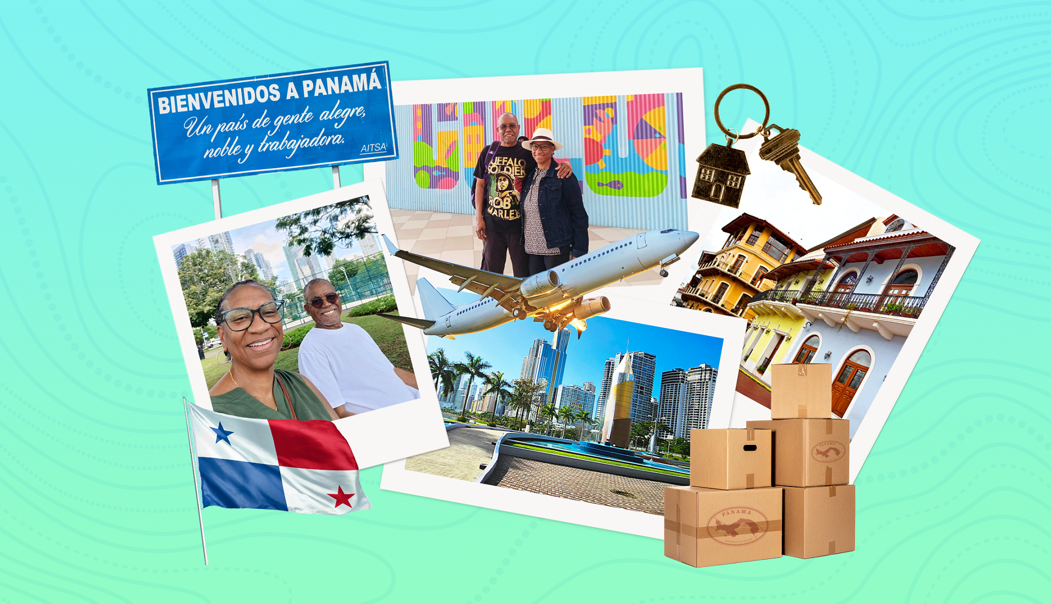 photo collage of couple who is moving from united states to panama surrounded by cut-outs of house keys, airplane, moving boxes, panama welcome sign and flag
