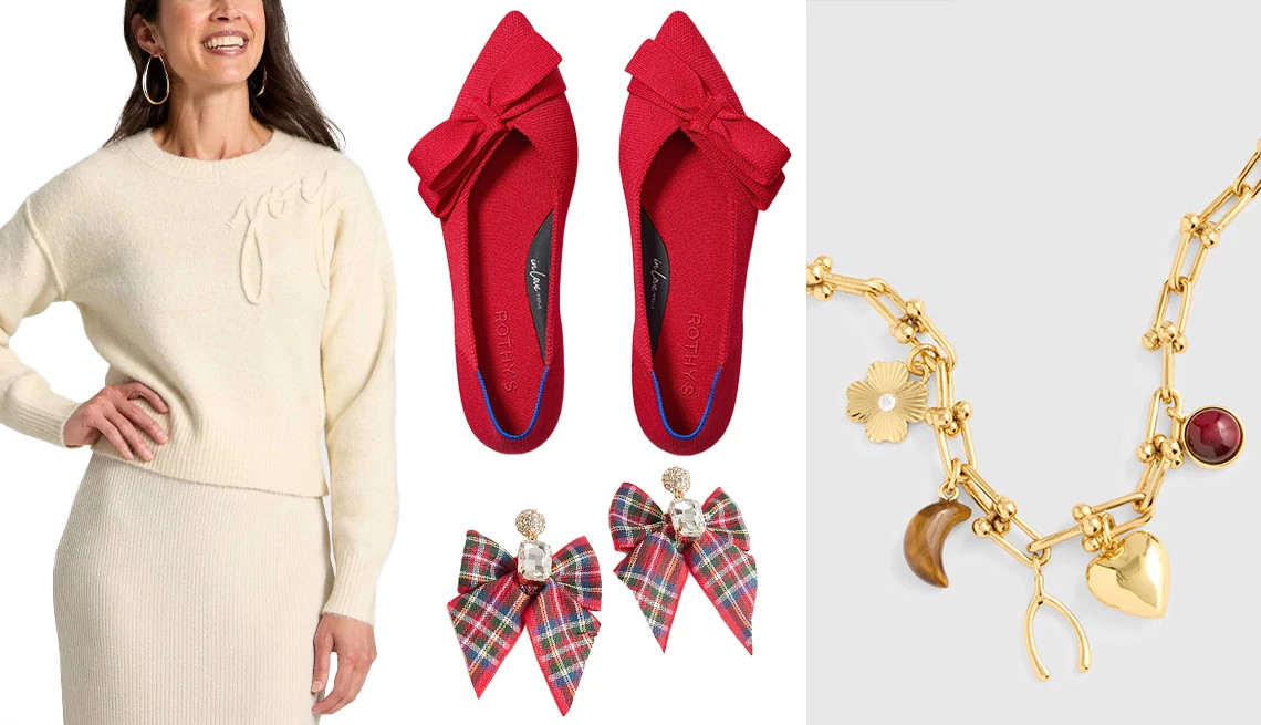 a collage with a sweater outfit, shoes, earrings and a necklace