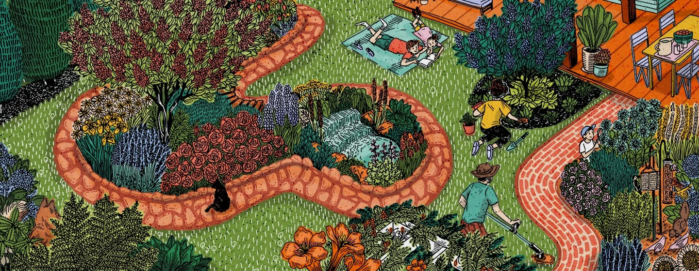 illustration of people enjoying and gardening a beautiful backyard filled with plants and trees