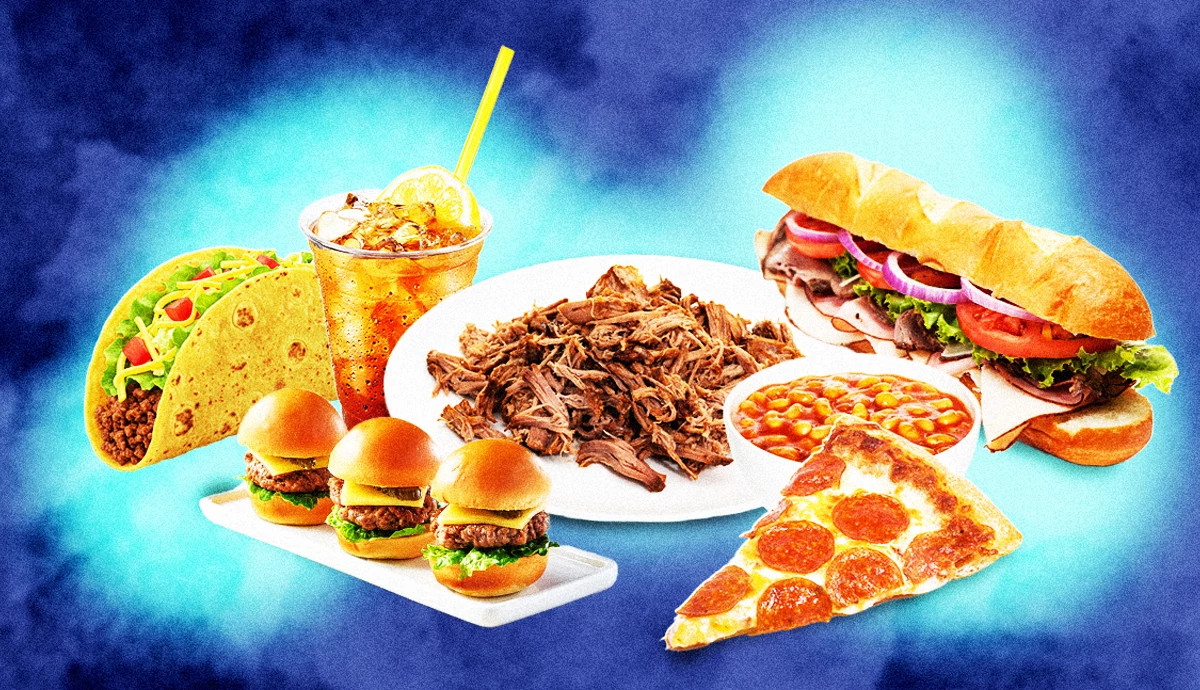A graphic and photo illustration shows a taco, sliders, pizza, pulled pork and baked beans in front of a mystical blue and purple background.