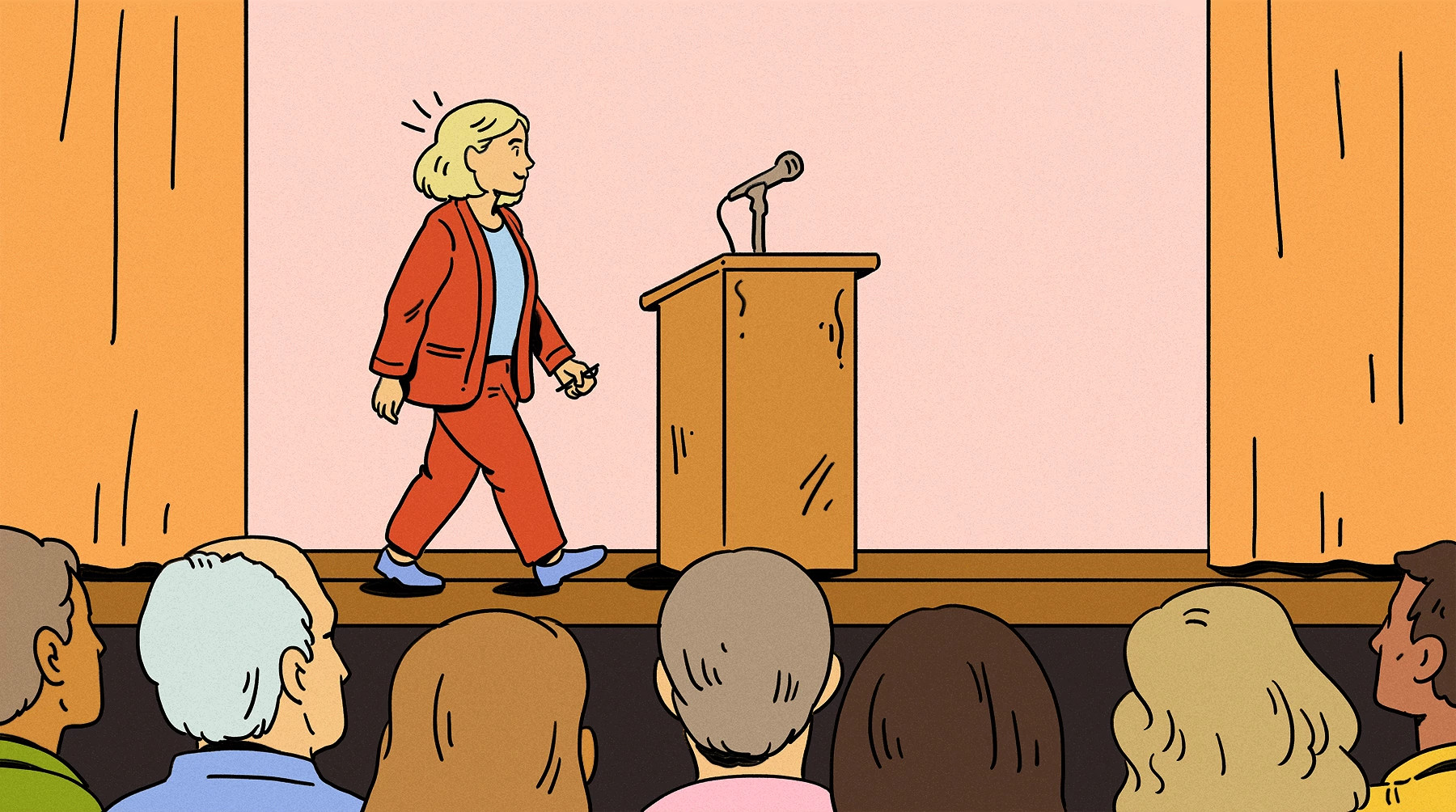 illustration of an older adult woman in a red suit walking confidently toward a wooden podium on a stage
