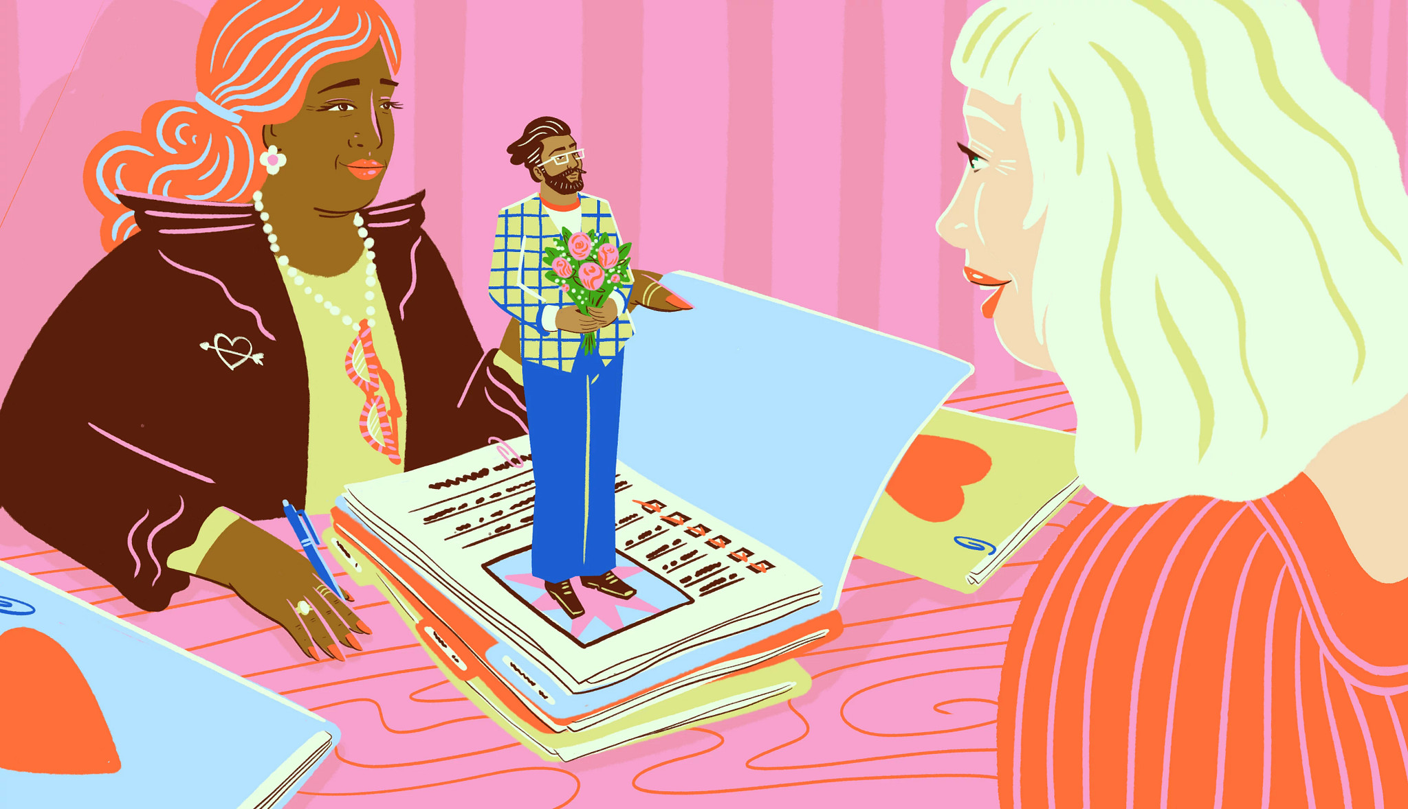 Colorful illustration of older adults participating in a matchmaking experience. One person reviews dating profiles in a binder while another profile figure appears holding flowers