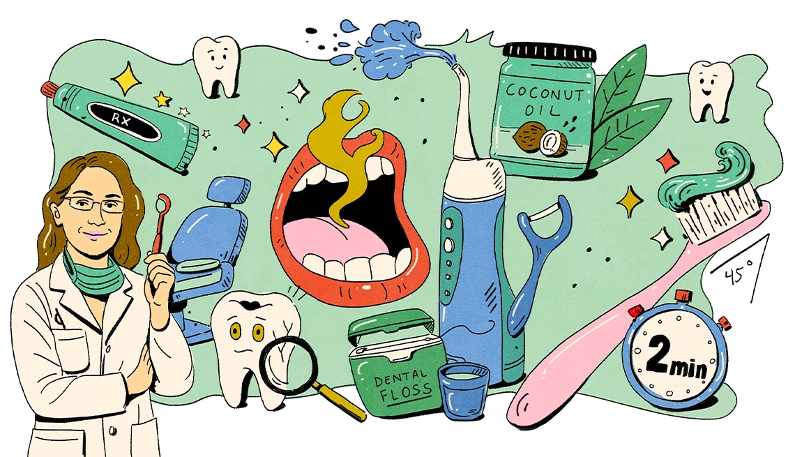 Insider Secrets From a Top Dentist A dentist stands in front of a collage of dental images, including tooth paste, floss, a water pick and coconut oil