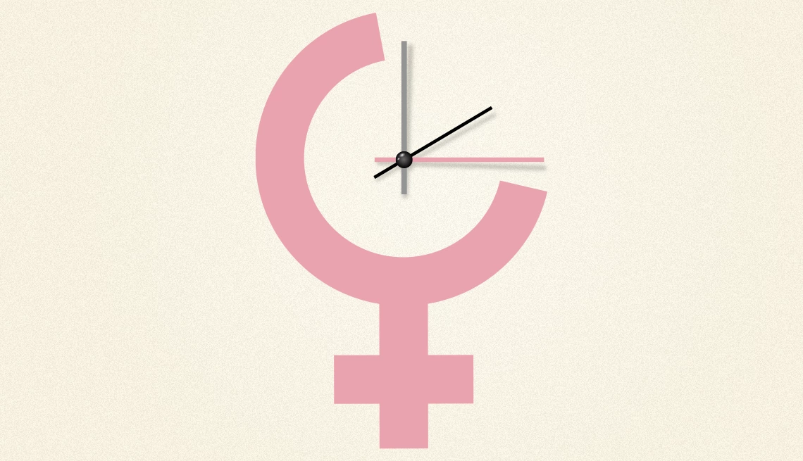 AARP endorsed a bipartisan bill to strengthen menopause research and treatment A pink female symbol with the hands of a clock in the righthand corner