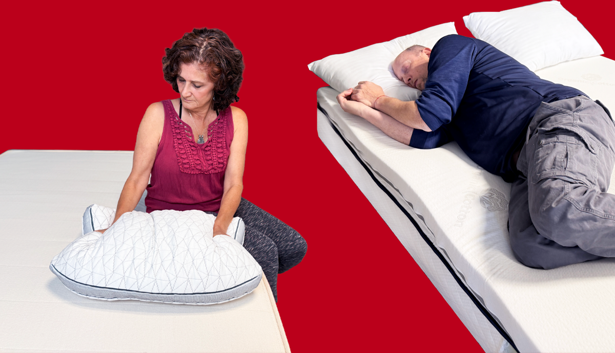 A woman holds a pillow as a man sleeps on a mattress topper on his side with a red background