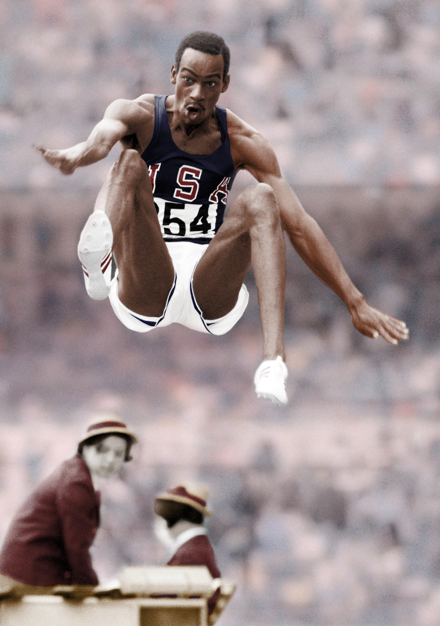 A photo shows Bob Beamon setting the world long-jump record at the 1968 Olympics.