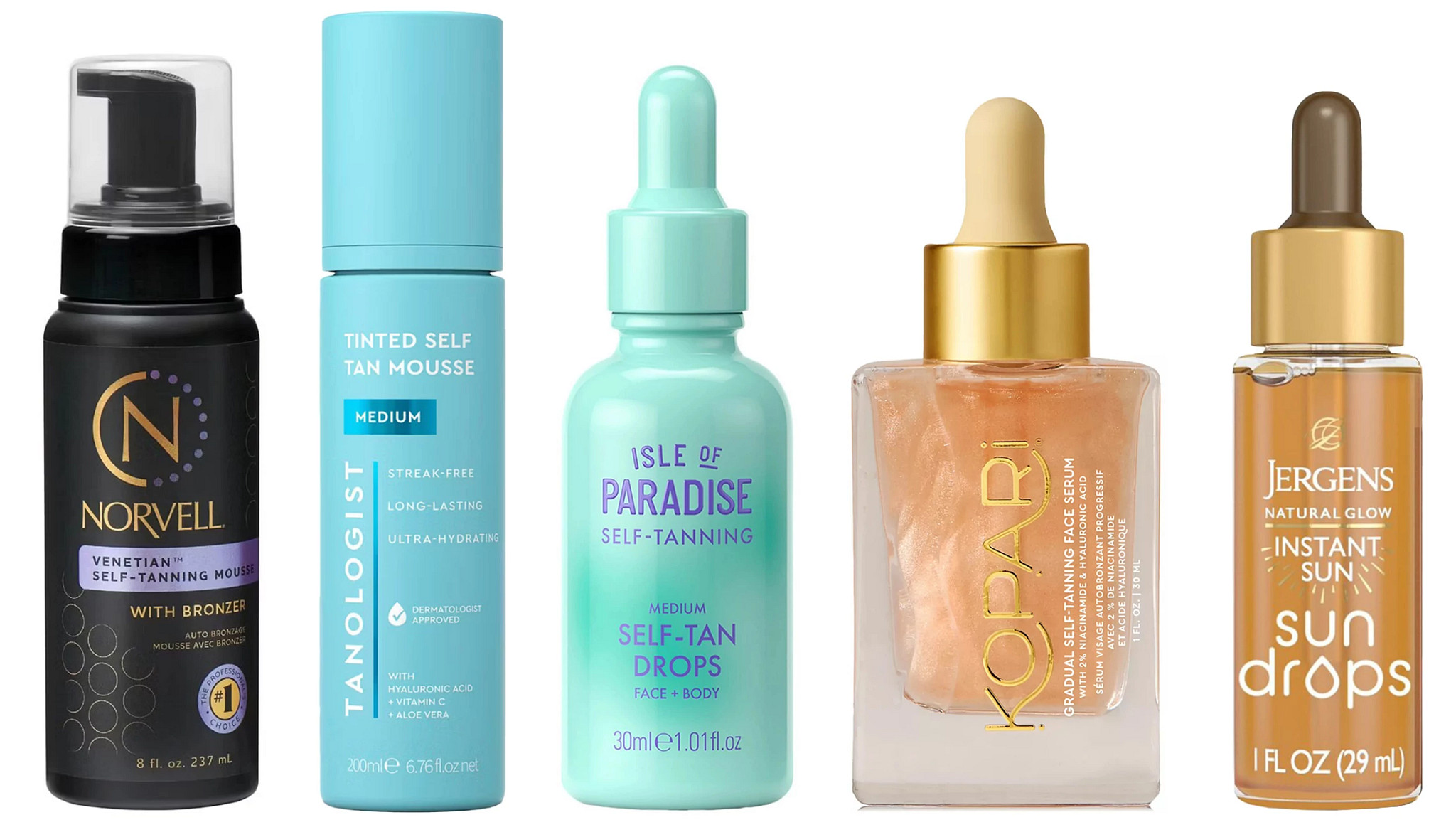 a collage with different self tanning mousses and serums