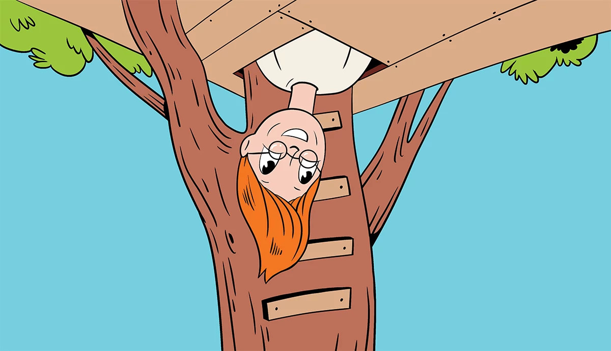 an illustration shows a teen emerging upside down from a treehouse