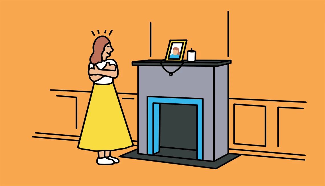 Create an altar Illustration of woman looking at picture in picture frame and other items on altar