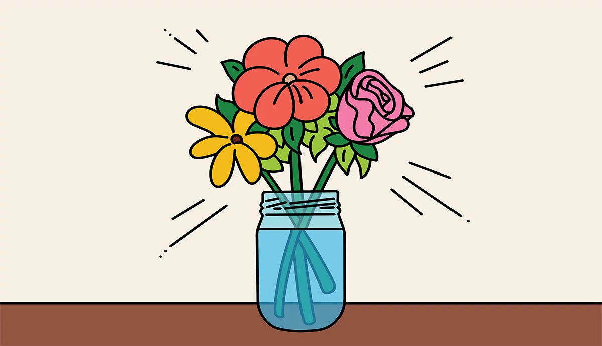 an illustration shows a jam jar being used as a flower vase