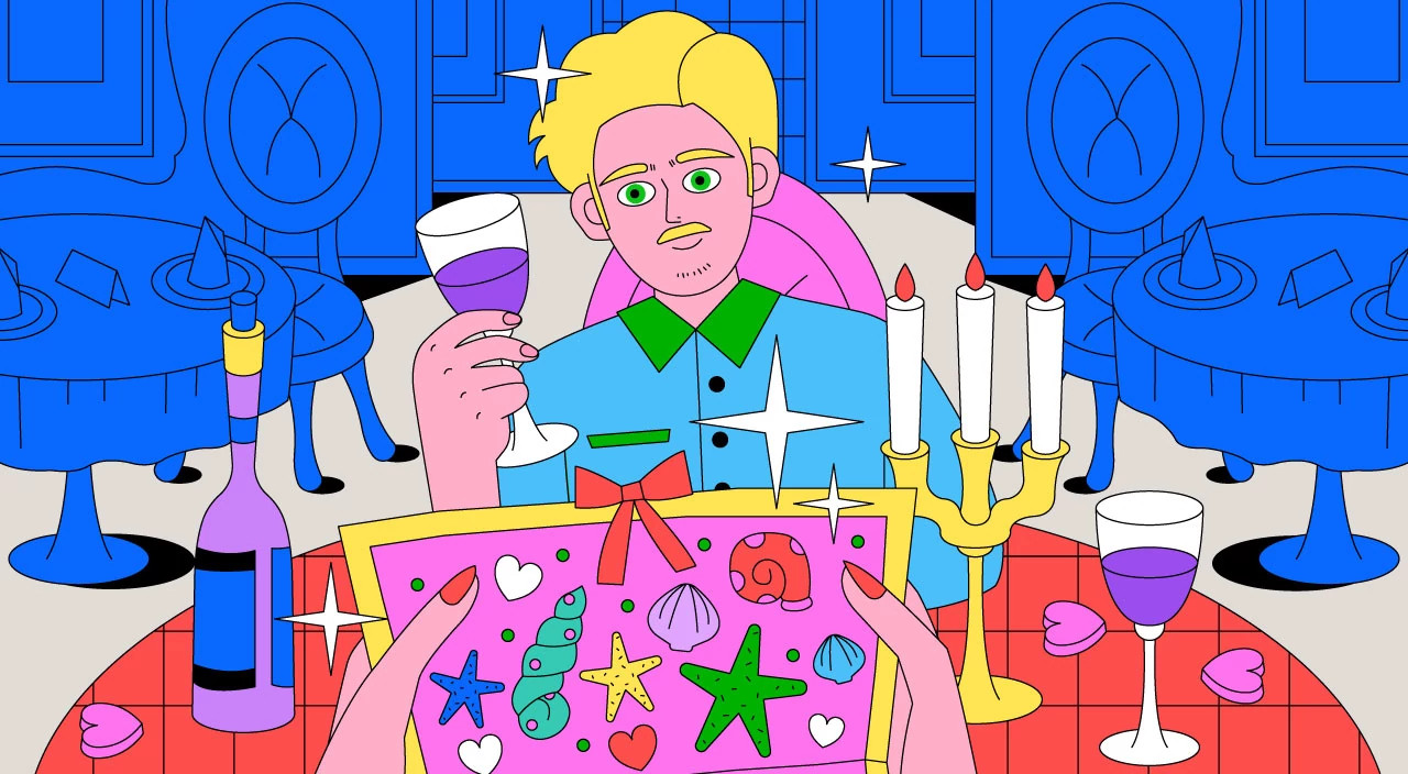 illustration of couple eating at restaurant, romantic gestures from man